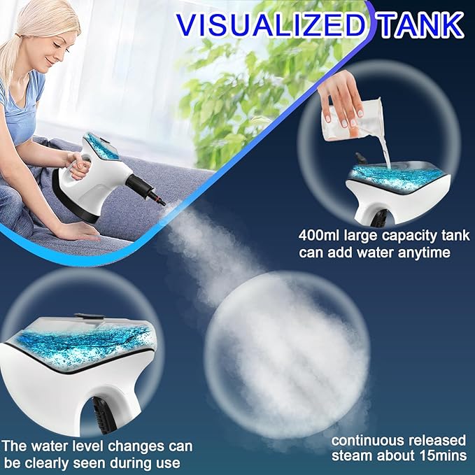 Handheld Steam Cleaner for Home 10S Immediate Heat Hand Held Steam Cleaner with Visualized Large Water Tank &amp 9 PCS Accessories &amp Safety Lock for KitchenCouchFloorWindowCar (WHITE+BLACK