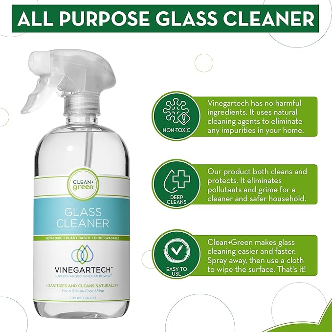 CLEAN+GREEN VinegarTech Glass Cleaner Spray - Cleaning Vinegar- Vinegar For Cleaning Purpose - Glass Cleaner Window Cleaner Bathroom Glass Cleaner- Spray Cleaner for House Supplies- 24 Fl Oz