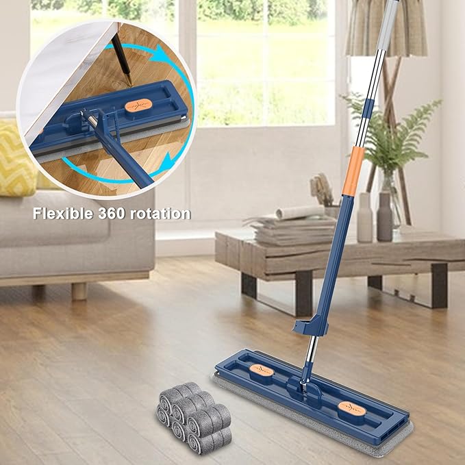 Talent Star 16.5 Microfiber Mop FloorFlat Mop with 6 Reusable Washable Mop Pads &amp Drain Scraper Dust Mop for Hardwood Floors Wet Dry Mop for Laminate Tile Floor Cleaning Blue