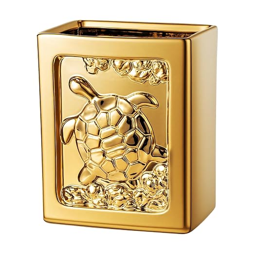Golden Ceramic Turtle Trash Can - 7L/1.85Gallon Square Garbage Can with Turtle Relief Multi-Use Waste Basket for Kitchen Bathroom Bedroom Office Turtle Decor &amp Small Trash Bin
