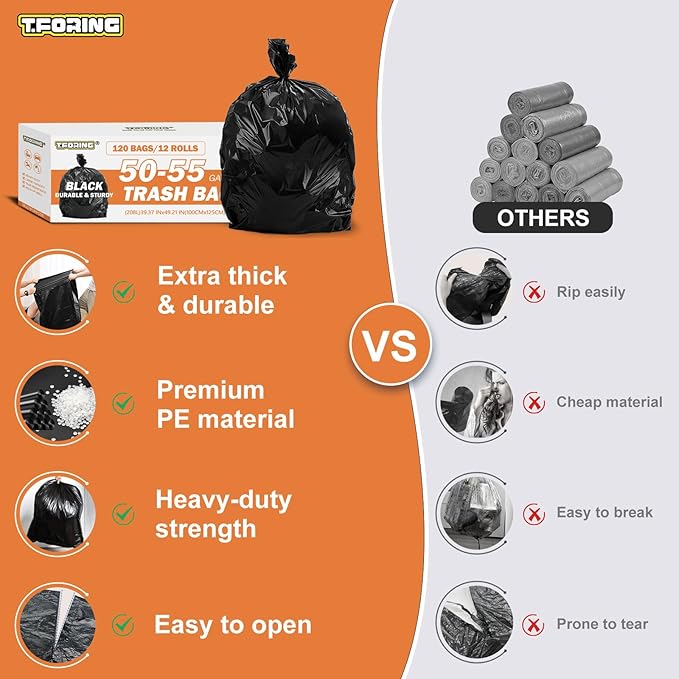 50-55 Gallon Black Trash Bags 120 Count - 40''x50'' Extra Large 50+ Gallon Garbage BagsUnscented Strong Huge Can Liners for Construction Industrial Yard Outdoor Commercial