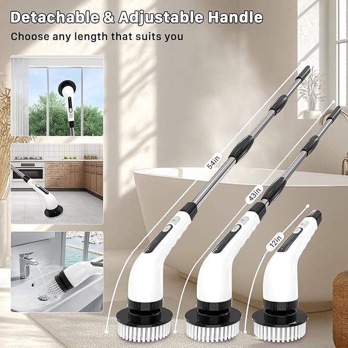Electric Spin Scrubber Cordless Cleaning Brush Shower Scrubber with 7 Replaceable Brush 2 Speeds and Adjustable Extension Handle for Bathroom Shower Bathtub Glass Car(White)
