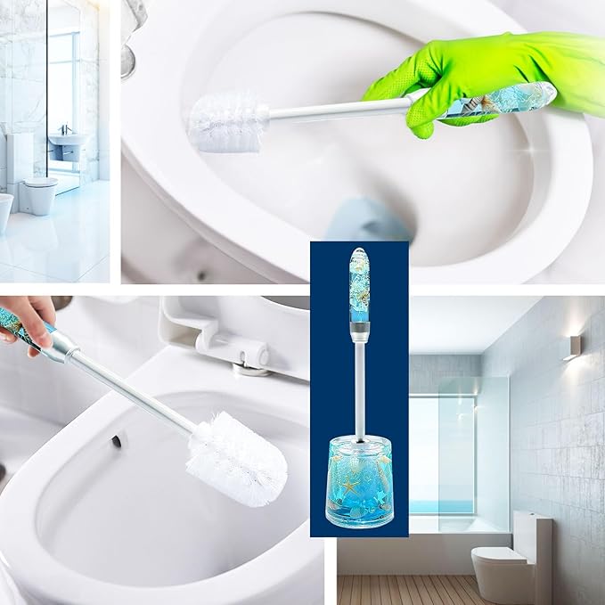 FONMY Toilet Brush and Holder Acrylic with Nature SeashellCompact Size Toilet Bowl Brush with Plastic Handle Easy to Hide Drip-ProofSpace Saving for StorageEasy to AssembleDeep Cleaning (Blue)