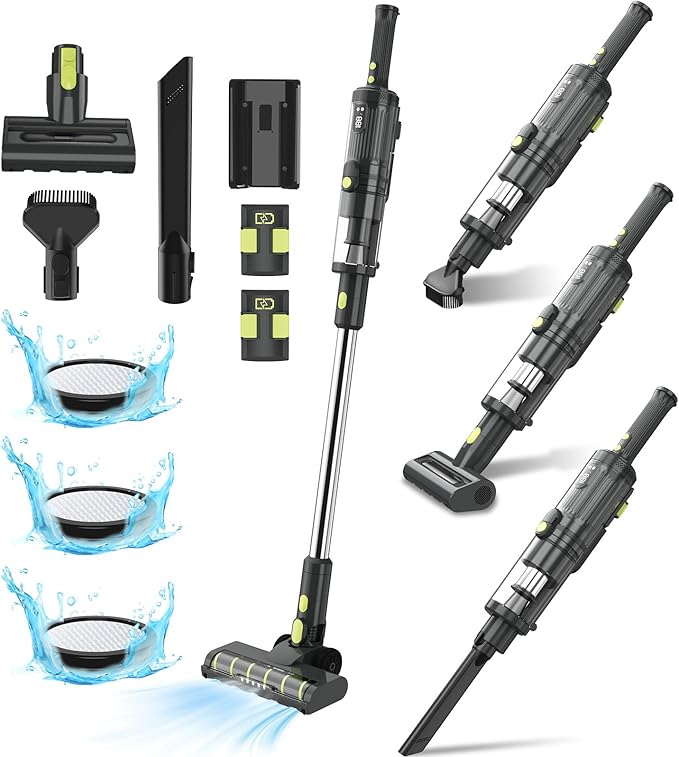 CareVac+ Cordless Stick Vacuum 2 x 2500mAh Batteries for 60 Mins Runtime 20kPa Brushless Motor Wall-Mount &amp Direct Charging Lightweight 2.16lbs for Carpets Hard Floors and Pet Hair