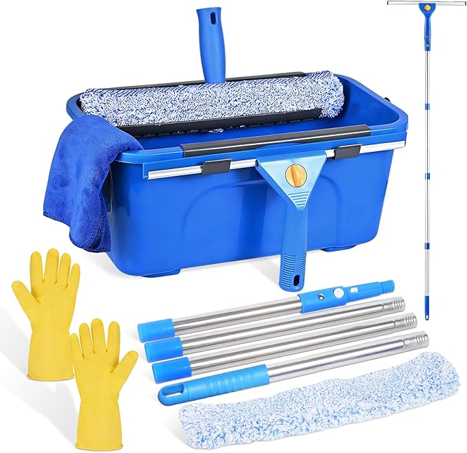 Professional Window Cleaning Kit Window Washing Kit with 3 Gallon Bucket 14-Inch Squeegee &amp 15-Inch Scrubber 61-Inch Extendable Pole Window Cleaning Equipment for Home &amp Commercial Use
