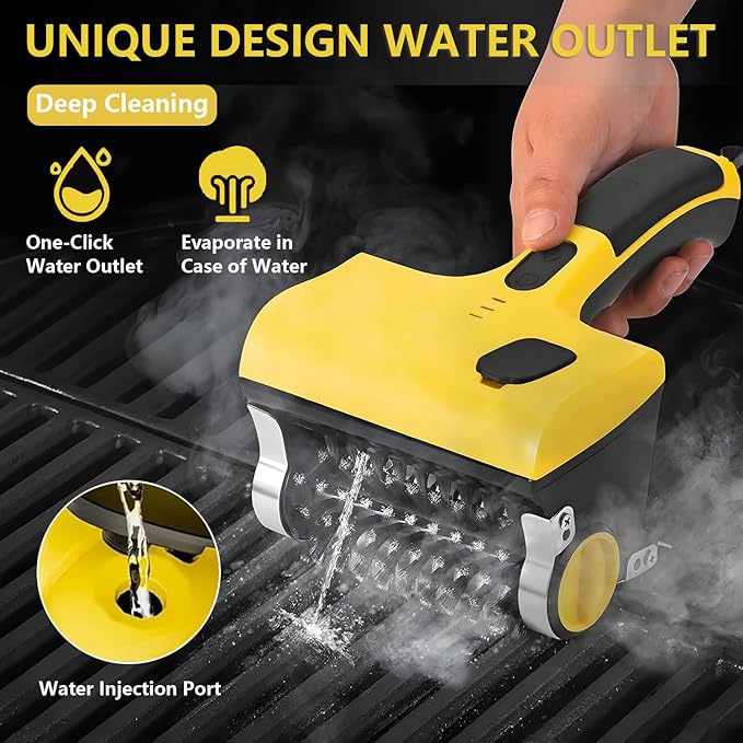 Grill Cleaner 2600mAh Grill Clean Brush with 2 12.4cm Detachable Brush Heads 360° Rotating Cleaning One-Touch Water Spray 2 Speed Adjustment for Grill Kitchen Room Bathroom