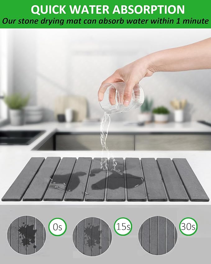 Large Stone Dish Drying Mat for Kitchen Counter 24x16 Inches Foldable Food-grade Material Super Absorbent Diatomaceous Earth Mats with Self-drying for Dishes Sink Bathtub Dark Grey
