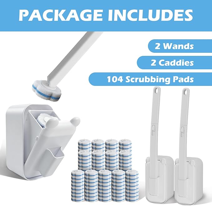 Disposable Toilet Brush Cleaning System 2pcs Wands with 104pcs Replacement HeadsStick for Toilet CleaningWands with Refills PadsWall Mounted Toliet Wand for BathroomToilet Brush and Holder