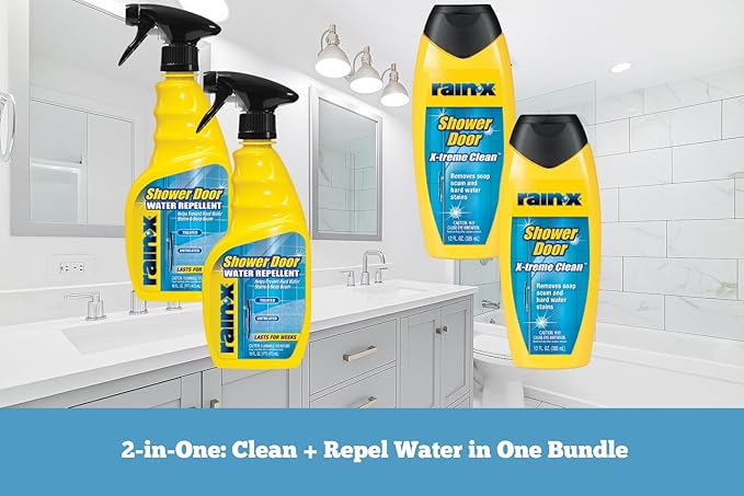 Rain-X Shower Door Care Bundle: 12 Fl. Oz X-Treme Clean Glass Cleaner &amp 16 Fl. Oz Water Repellent for Soap Scum &amp Hard Water Protection (Pack of 2 Each)