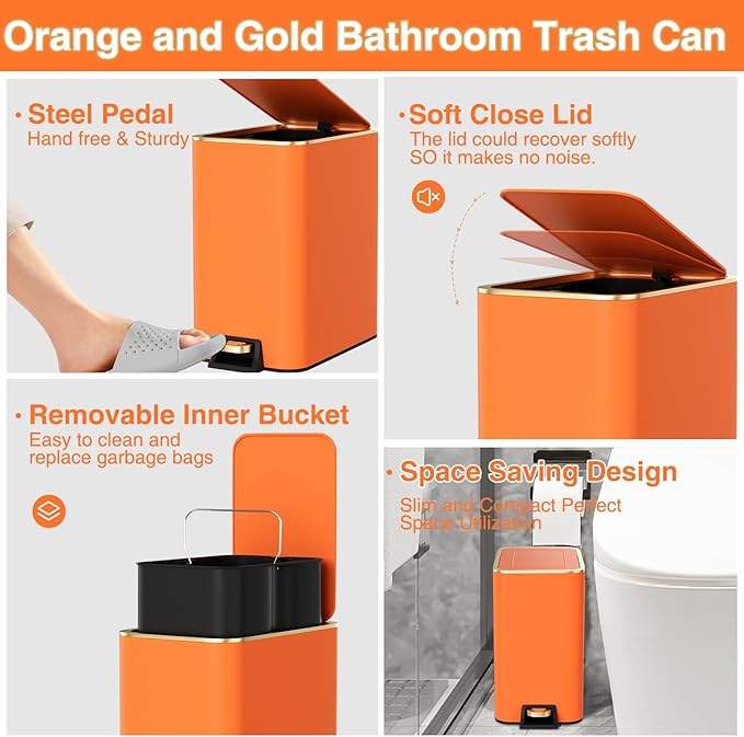 Bathroom Accessories 8 Piece Orange and Gold Bathroom Set Bath Accessories with Stainless Steel Trash CanToilet BrushToothbrush SetSoap Dispenser
