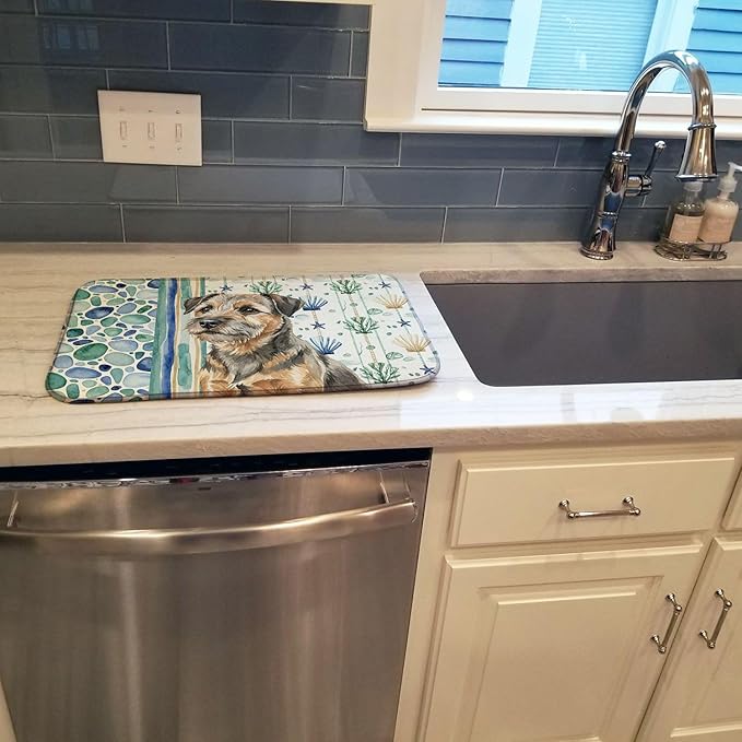 Caroline's Treasures Grizzle and Tan Border Terrier Coastal Sea Glass Dish Drying Mat Absorbent Dish Drying Mat Pad for Kitchen Counter Dish Drainer Mat for Countertop 14 x 21 Multicolor