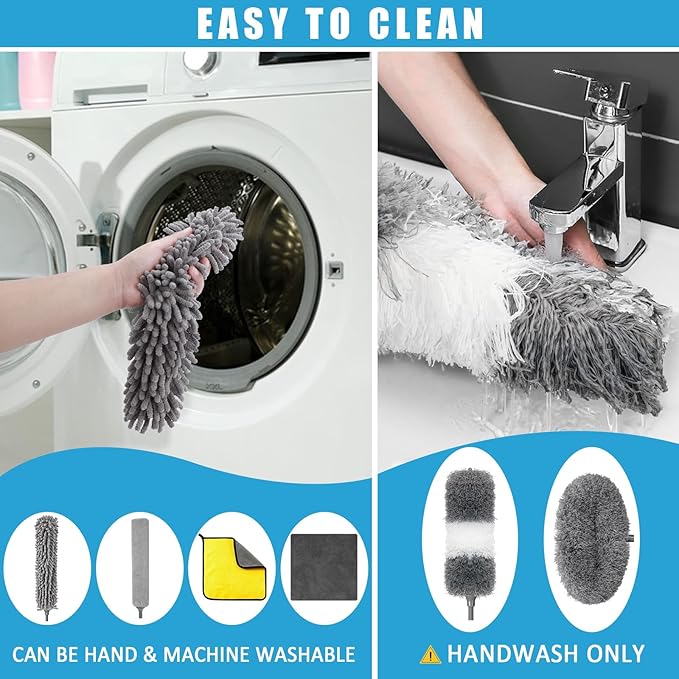 Microfiber Duster Kit 36pcs with 30 to 100 in Extension Pole and Ceiling Fan Cleaner Duster Washable and Bendable Feather Duster for Cleaning Ceiling Fans High Ceilings Blinds Grey