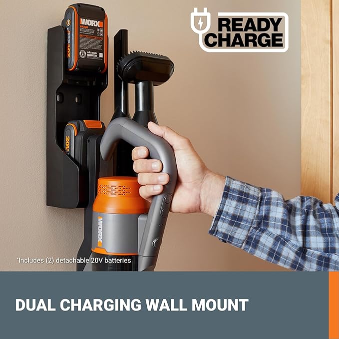 WORX 20V Cordless Stick Vacuum Powerful Cordless Vacuum Cleaner 25Kpa High Suction for Pet Hair Lightweight Handheld Vacuum Cleans Floors Carpet Car – 2 Batteries &amp Wall-Mount Charger Included