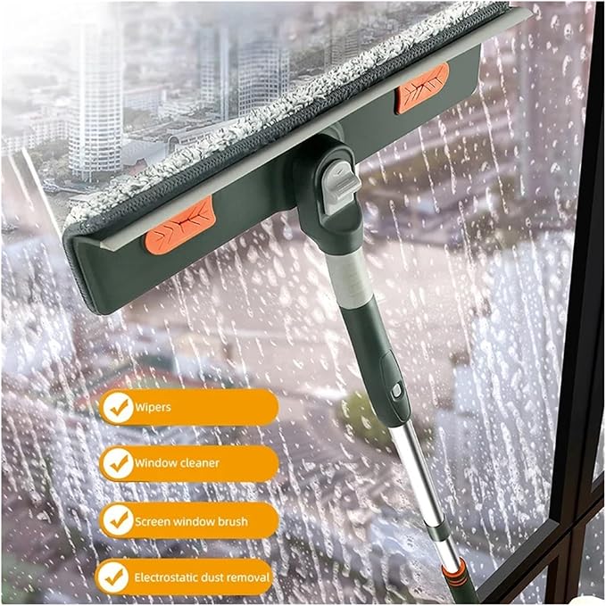Adjustable Long Reach Window Cleaning Tool (72–226 cm) – Glass Cleaner Mop with Silicone Scraper and Brush for Household Use(226cm Green Set)
