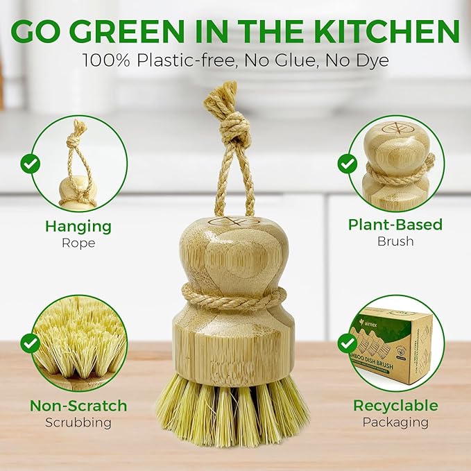 Bamboo Dish Brush Set of 3 - Natural Wooden Dish Scrubber w/Medium Stiff Sisal &amp Coconut Bristles - Kitchen Scrub Brush for Dishes Pots &amp Pans - Plastic Free Non Scratch Bristles