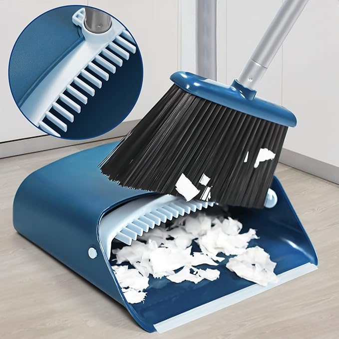 Standing Dustpan and Broom Set with 52 Long Extendable Handle for Home Indoor Kitchen Room Office Lobby Floor Cleaning
