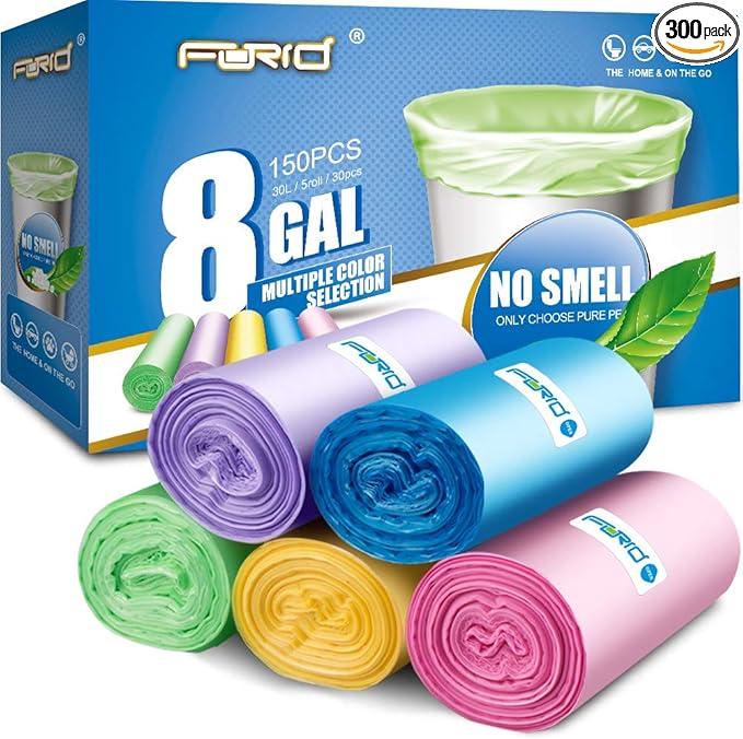 FORID Small Trash Bags - 2.6 Gallon 8 Galllon Wastebasket Liners - 300 Count in 10 Rolls 5 Color - Durable Garbage Bags for Office Home Bedroom Car - 10 Liters &amp 30 Liters