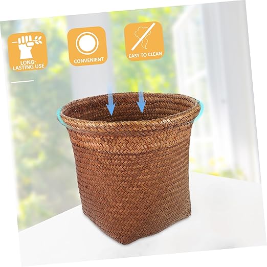 PRETYZOOM Straw Woven Garbage Can Large Wastebasket Rattan Rubbish Container for Kitchen Bedroom Office Bathroom Dormitory Storage Bin