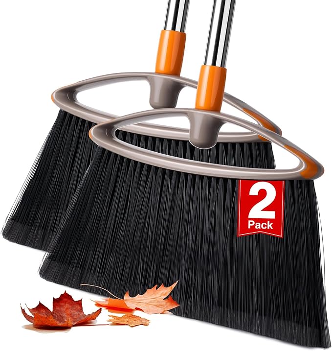 2 Pack Soft Bristle Broom Heavy Duty Broom with Collapsible Handle Ideal for Indoor Outdoor Hardwood Floors Kitchen Salon Camping Cat Pets Hair Home Room Office Sturdy and Durable Gray