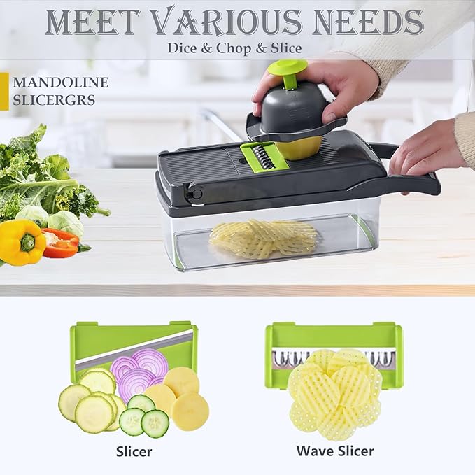 Vegetable Chopper Dicer with Container | Cheese Grater Mandoline Slicer Cabbage Shredder French Fry Cutter Stainless Steel for Veggie Onion Potato Fruit Food Manual Hand Cooking Gadget for Kitchen