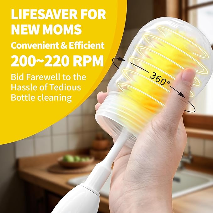 Electric Bottle Brush Cleaner Portable Electric Baby Bottle Brush Cleaner for Travel Rechargable Travel Bottle Cleaner Kit with Nipple &amp Straw Brush Perfect Mom Essentials After Birth Gift Yel