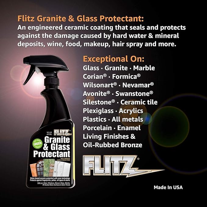 Flitz Granite &amp Glass Protectant - 16oz Bottle of USA-Made Granite Sealer and Glass Countertop Protector - Cleans &amp Prevents Liquid Stains &amp Others - Also Works on Marble &amp All Metal