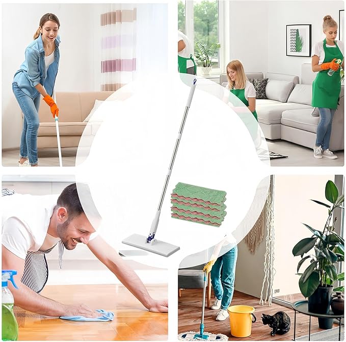 Flat Mop | Household Cleaning Tool Cloth Clip Design Reusable | PP ABS Stainless Steel Wet Dry Use Multi | Kitchen Bathroom Tile Home Car Apartment Living Room Bedroom Glass Ceiling