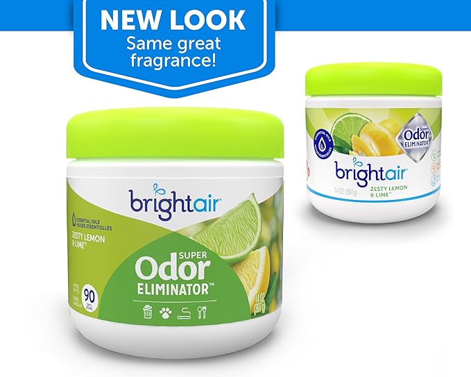 Bright Air 14 oz. Super Odor Eliminator For Medium-Size Spaces Zesty Lemon &amp Lime Scent Case of 6 Air Freshener Natural Essential Oils Lasts Up to 90 Days Each