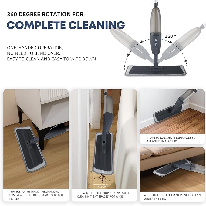 DARIS Spray Mops with 3 Microfiber Pads Dust Mop with 360ml Bottle for Floor Home Cleaning 360 Rotation Wet Dry Mops for Cleaning Hardwood Laminate Ceramic
