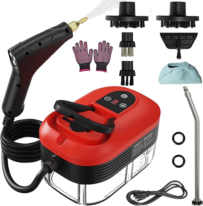Portable Steam Cleaner 2500W Pressurized Handheld Steam Cleaner with 1.2L Water Tank 6 Levels Steam Output Cleaning Steamer for Cleaning Home Furniture Bathroom Car Detailing (Red)