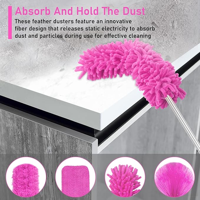 ThinkLearn Microfiber Dusters for Cleaning14PCS Feather Dusters with Extension PoleBendable Washable and Extendable Duster for High Ceilings Fans and Blinds House Cleaning Kit Pink Gift for Women