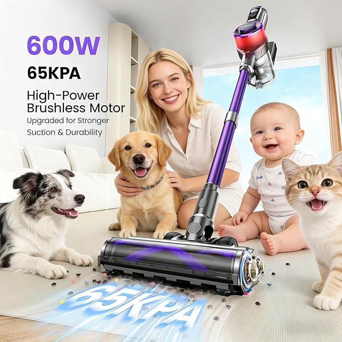 Cordless Vacuum Cleaner600W 65KPA Dual Motor Vacuum for Home with AI Auto Suction70Min RuntimeStick Vacuums with Self-Standing DesignLED Headlights for CarpetHardwood FloorsPet HairTile