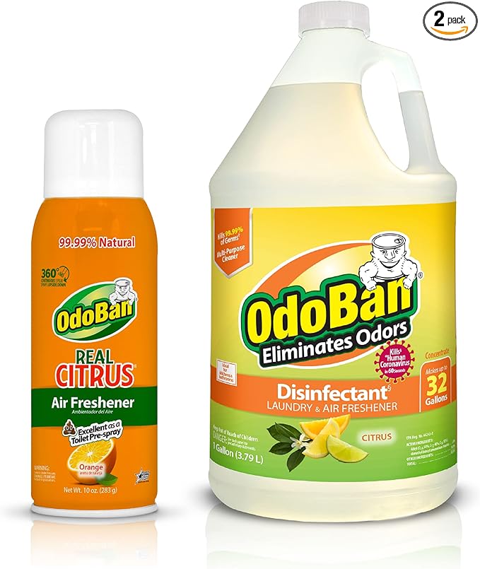 OdoBan Aroma Eliminator Set Made in the USA 10 Ounce 360-Degree Continuous Spray Natural Oil Real Citrus Air Freshener and 1 Gallon Multipurpose Disinfectant Cleaning Concentrate Orange Scent
