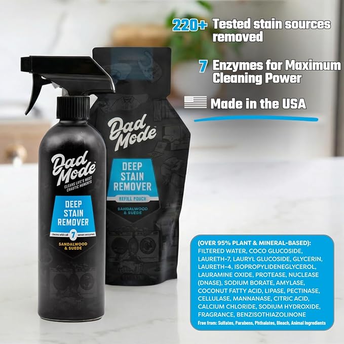 DadMode Laundry Stain Remover | 7-Enzyme Spray for Deep Aged Set-In Clothing Stains | Enzyme Booster Cleans Bodily Fluids Oil Wine Turmeric | Sandalwood &amp Suede | 16oz Bottle + Refill Pouch