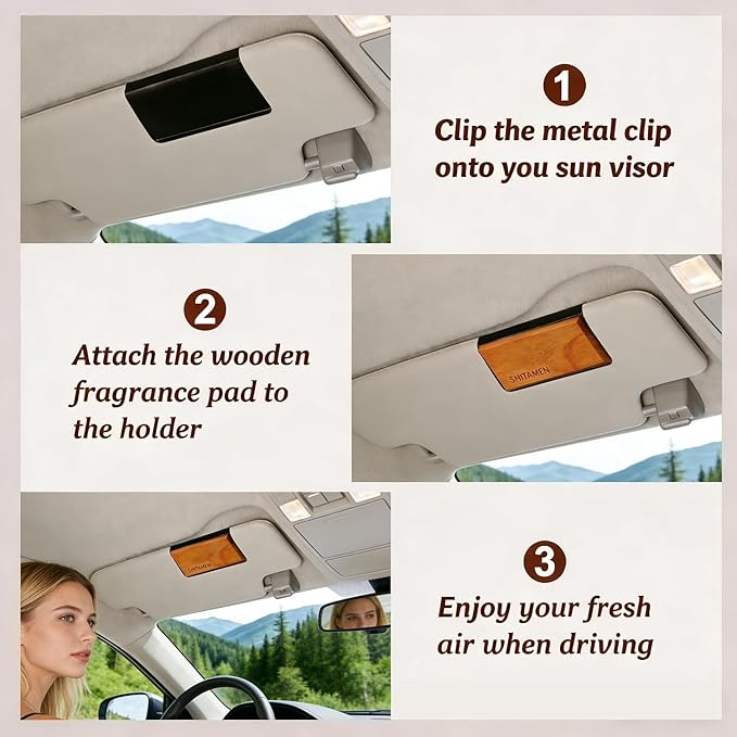 Car Air Freshener Wood Air Freshener Car Odor Eliminator for Visor Clip 4-Pack Variety Scent Refill Long Lasting - CLIP INCLUDED (Teak-Cabana-Ocean-Black Currant Rose)
