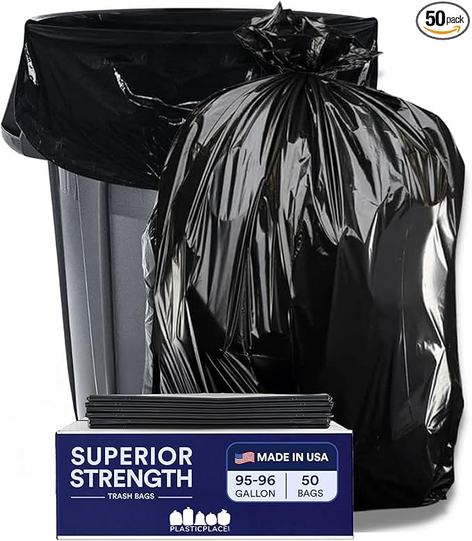 Plasticplace 95-96 Gallon Trash Bags │ 2.0 Mil │ Black Heavy Duty Garbage Can Liners │ 61” x 68” (50 Count)