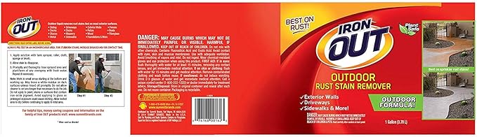 Iron OUT Liquid Rust Stain Remover Pre-mixed Quickly Removes Rust Stains from Concrete Vinyl and Other Outdoor Surfaces No Scrubbing Safe to Use 1 Gallon 4 Pack