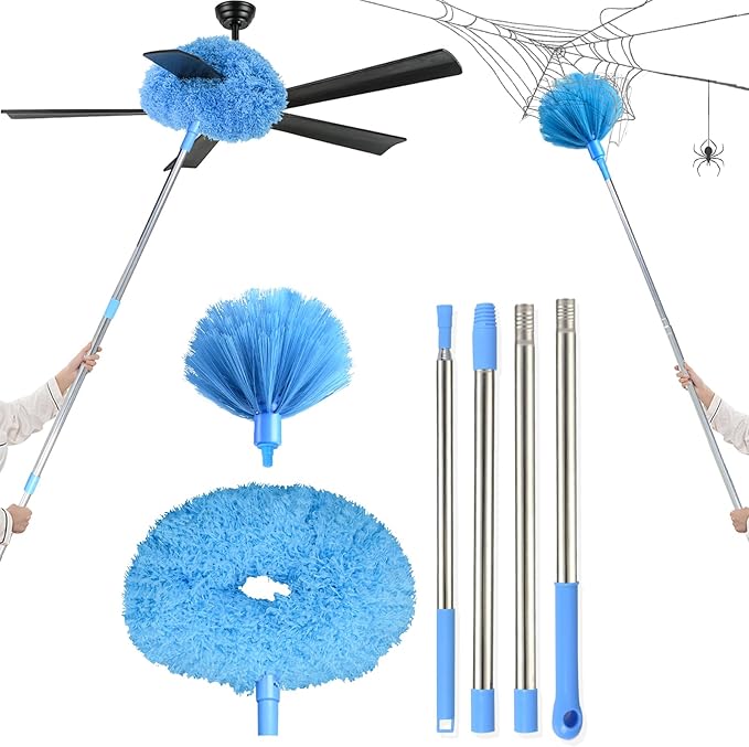 Ceiling Fan Cleaner Duster &amp Cobweb Duster with Extension Pole 15 -100 Reusable Microfiber Ceiling Fan Blade Cleaner Removable Duster (Blue) for Cleaning High Ceiling Fan Interior Roof Spider We