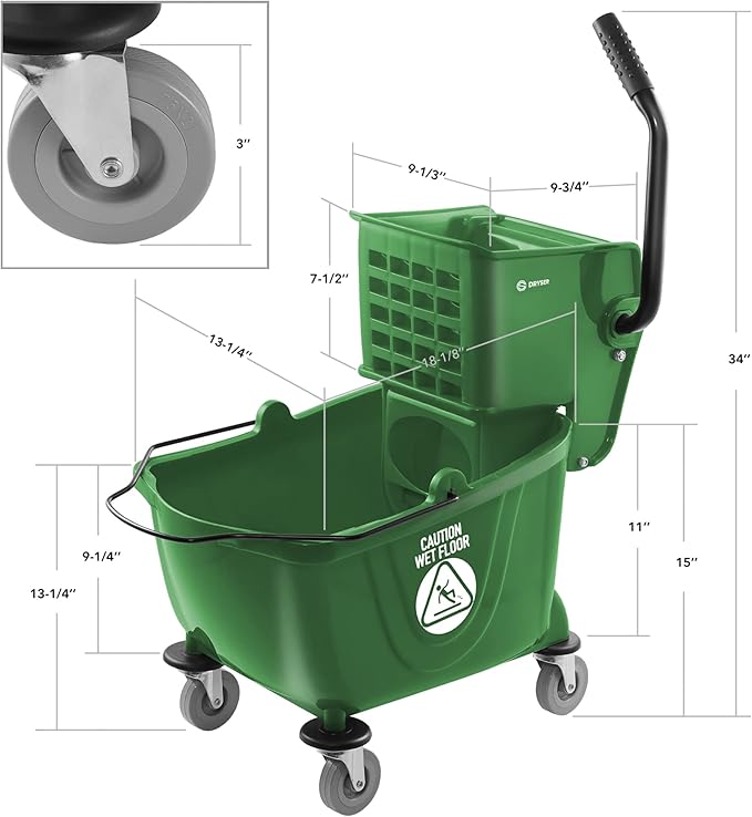 Dryser Commercial Mop Bucket with Side Press Wringer 26 Quart Green
