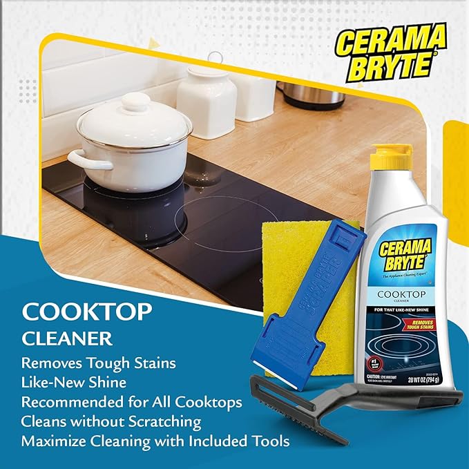 Cerama Bryte Complete Cooktop Cleaning Kit 10 Cleaner Pads 1 POW-R Grip Tool 1 Scraper and 1 Microfiber Cloth 28 Fl Oz
