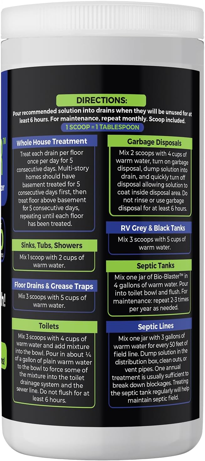 Enzyme Drain and Septic Cleaner and Friendly Bacteria Booster. Extra Large 2 lb. Deodorizes and Unclogs Pipes - Septic Tanks - RV Tanks-and More. No Caustic Chemicals! Dissolves Fats Oil and Grease.
