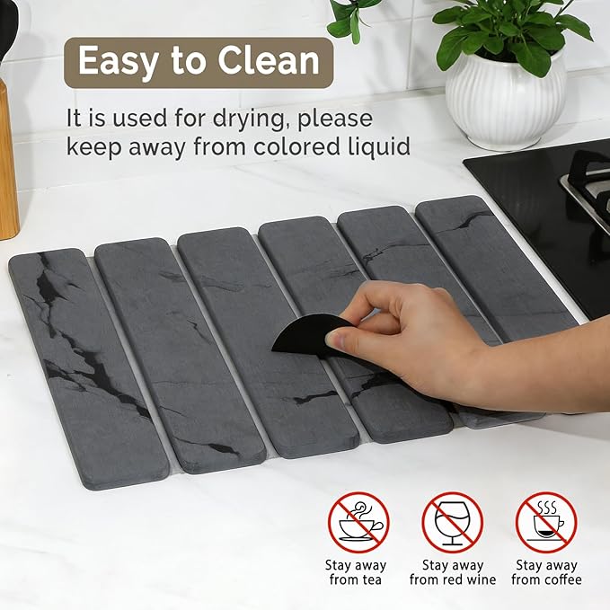 Large Stone Dish Drying Mat for Kitchen Counter 2PCS Quick Dry Stone Dishes MatFoldable Water Absorbing Diatomaceous Drying Organizer Pad for Plate Rack Bottles Utensils(Dark Gray 16x12 &amp 8“x4