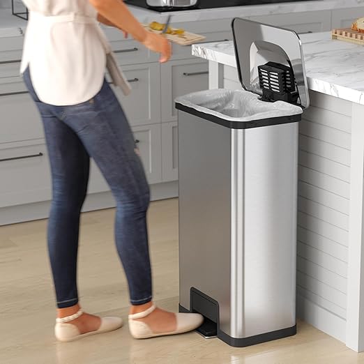 iTouchless Airstep 18 Gallon Step Pedal Trash Can with AbsorbX Odor Control System 68 Liter Extra Capacity Stainless Steel Commercial Grade Garage Bin for Home and Office Kitchen