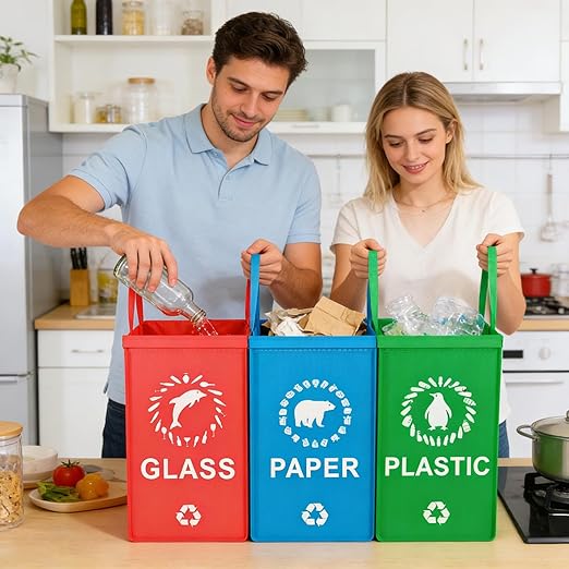 Reusable Trash Bag for Recycling Heavy-Duty Woven Basket 3-Piece Waterproof Reusable Bags with Handle for Sorting Fabric Home Accessory Storage Tool with Durable Design Cans Home Kitchen Office