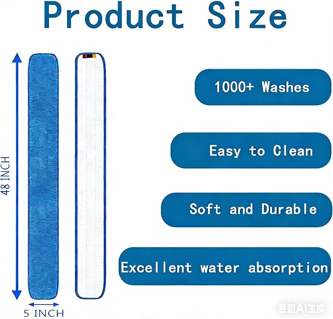 4Pcs Large 48 Inch Commercial Microfiber Mop Pad – Heavy Duty Flat Wet/Dry Replacement for 48″ Mop Frame – Washable &amp Reusable Industrial Warehouse Gym Floor
