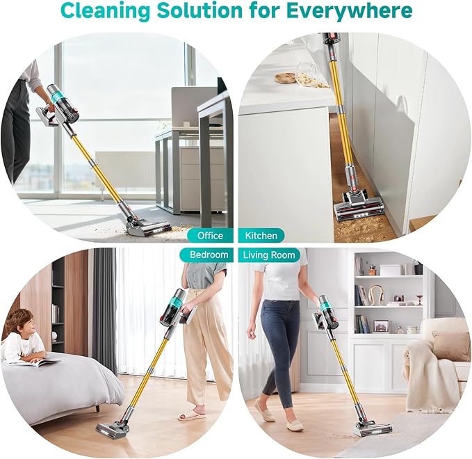 Cordless Vacuum Cleaner: Portable 6-in-1 Stick Vacuum with Anti-Tangle Brush LED Headlight Self-Standing HD Display Rechargeable Vacuum for Pet Hair Low-Pile Carpet and Hardwood Floor-Green