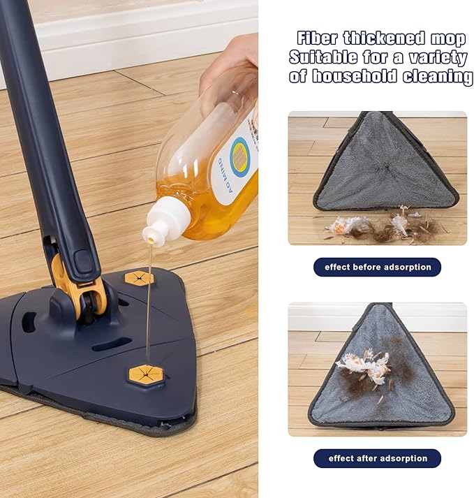 360° Rotatable Adjustable Cleaning Mop with 4 Replacement Pads-Extendable Triangle Shaped Microfiber Dust Mop with Long Handle for Wall CeilingHardwood Windows Floor Wall Tile Dust (Blue)