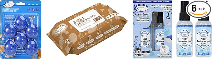 Air Jungles 3-in-1 Shoe Care &amp Odor Eliminator Bundle Ocean Scent Deodorizing Balls (6 Count) Leather Cleaner Wipes (70 Count XL 8x10) and Shoe Deodorizer Spray – Freshener for Shoes Gym Ba