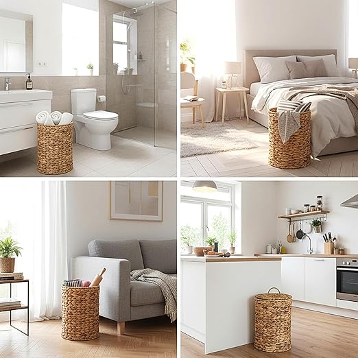 1.5 Gallons Wicker Trash Can with Lid Handle Boho Woven Braided Bathroom Waste Basket Trash Can Large Woven Bin for Office Bedroom Living Room Kitchen (Natural Braided Wicker Round)