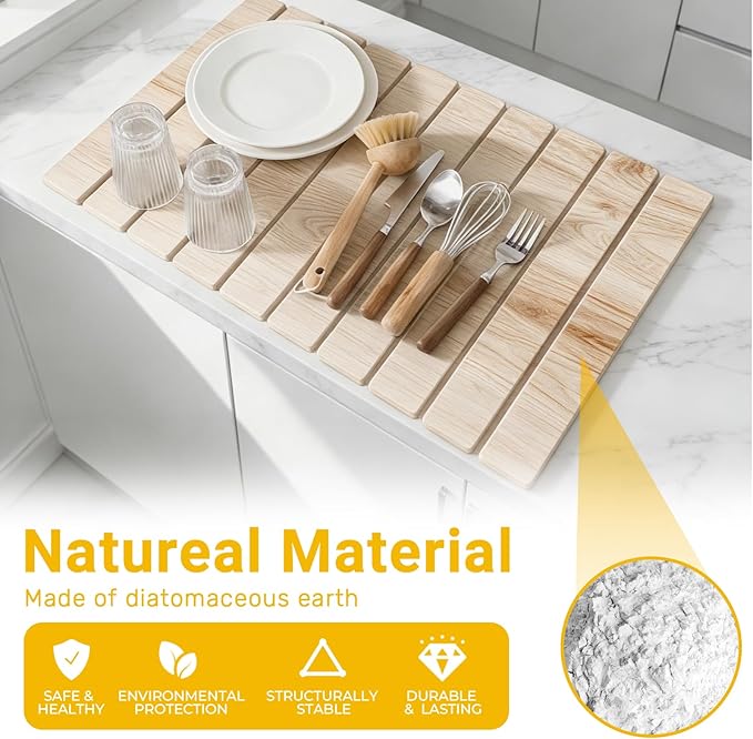 Dish Drying Mats Large 24x16 Inch Diatomaceous Earth Drying Mat / Fast-AbsorbingNon-Slip Stone Drying Mat For Kitchen Counter / Eco-Friendly for Dishes(Dark wood grain)